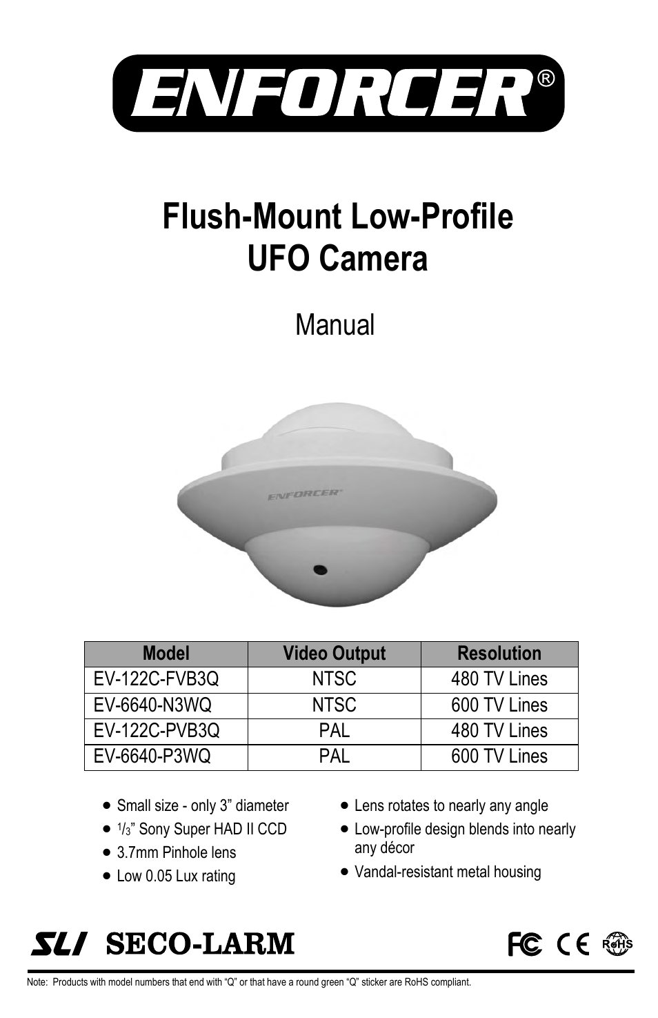SECO-LARM USA Flush-Mount Low-Profile UFO Camera EV-6640-P3WQ User Manual | 4 pages
