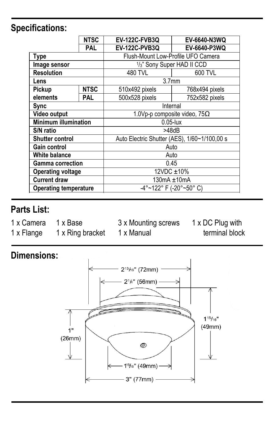 Dimensions: parts list: specifications | SECO-LARM USA Flush-Mount Low-Profile UFO Camera EV-6640-P3WQ User Manual | Page 2 / 4