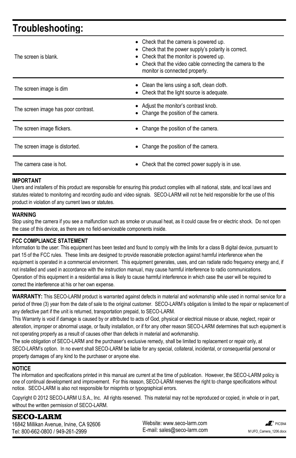 Troubleshooting | SECO-LARM USA Flush-Mount Low-Profile UFO Camera EV-6640-P3WQ User Manual | Page 4 / 4