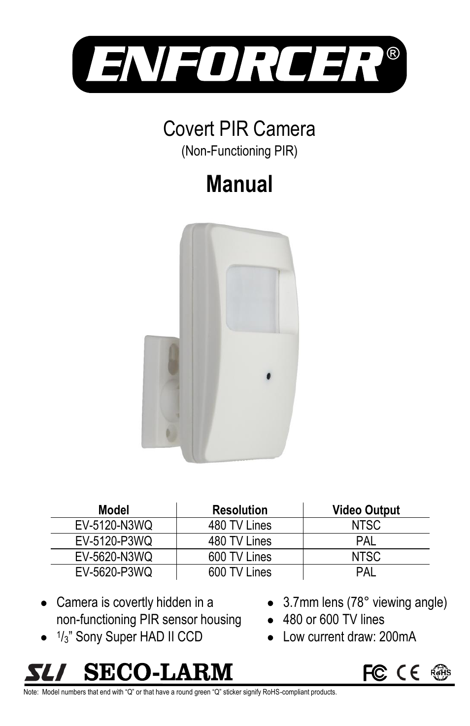 SECO-LARM USA Covert PIR Camera EV-5120-P3WQ 480 TV Lines User Manual | 4 pages