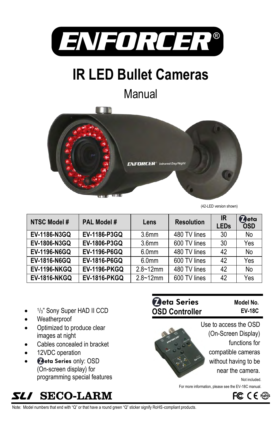 SECO-LARM USA IR LED Bullet Cameras EV-1186-N3GQ User Manual | 4 pages