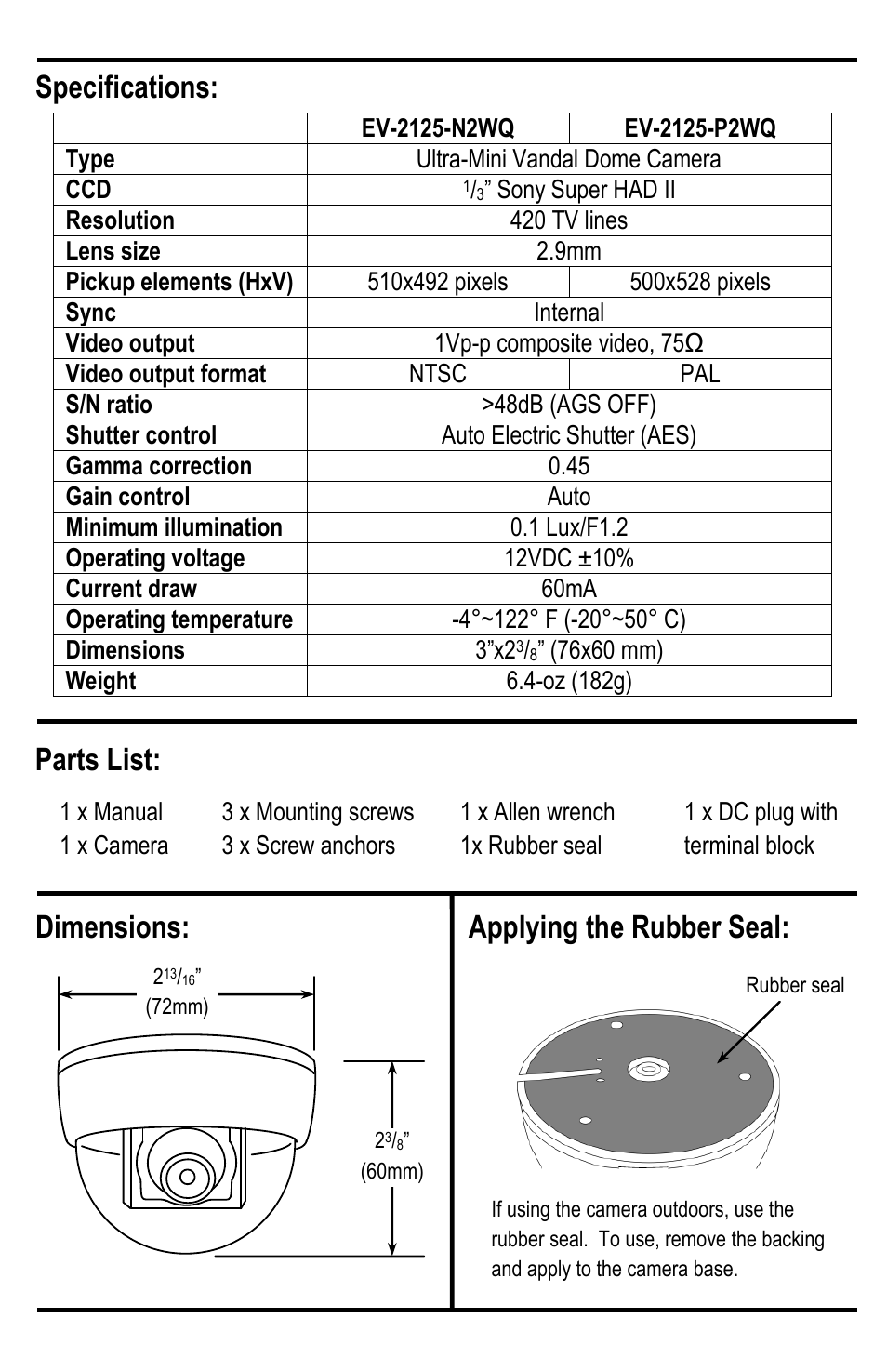 Dimensions: parts list: specifications, Applying the rubber seal | SECO-LARM USA Mini Vandal Dome Camera EV-2125-P2WQ User Manual | Page 2 / 4