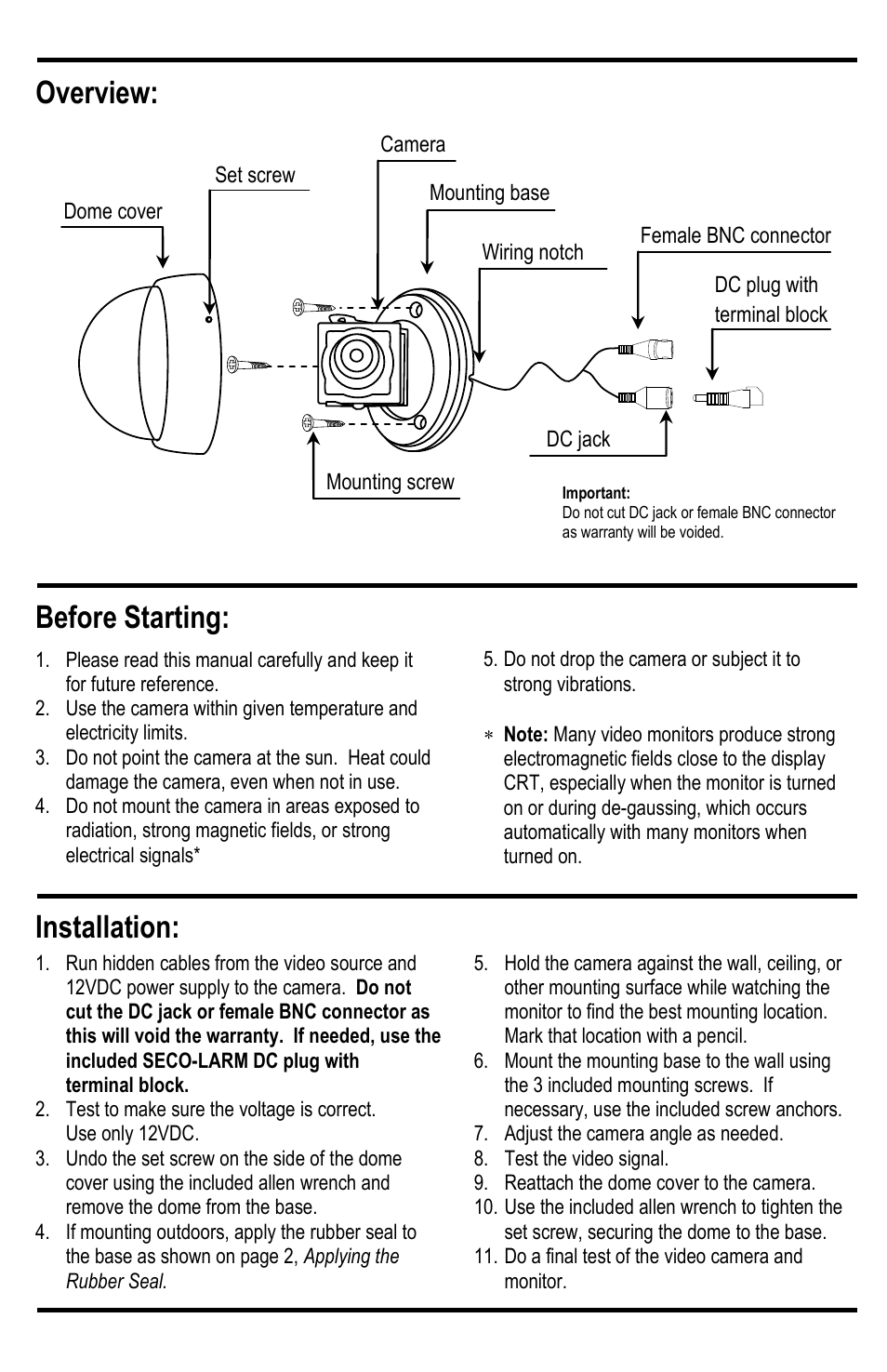 Before starting, Installation, Overview | SECO-LARM USA Mini Vandal Dome Camera EV-2125-P2WQ User Manual | Page 3 / 4