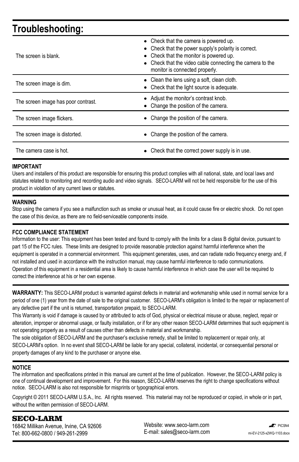 Troubleshooting | SECO-LARM USA Mini Vandal Dome Camera EV-2125-P2WQ User Manual | Page 4 / 4