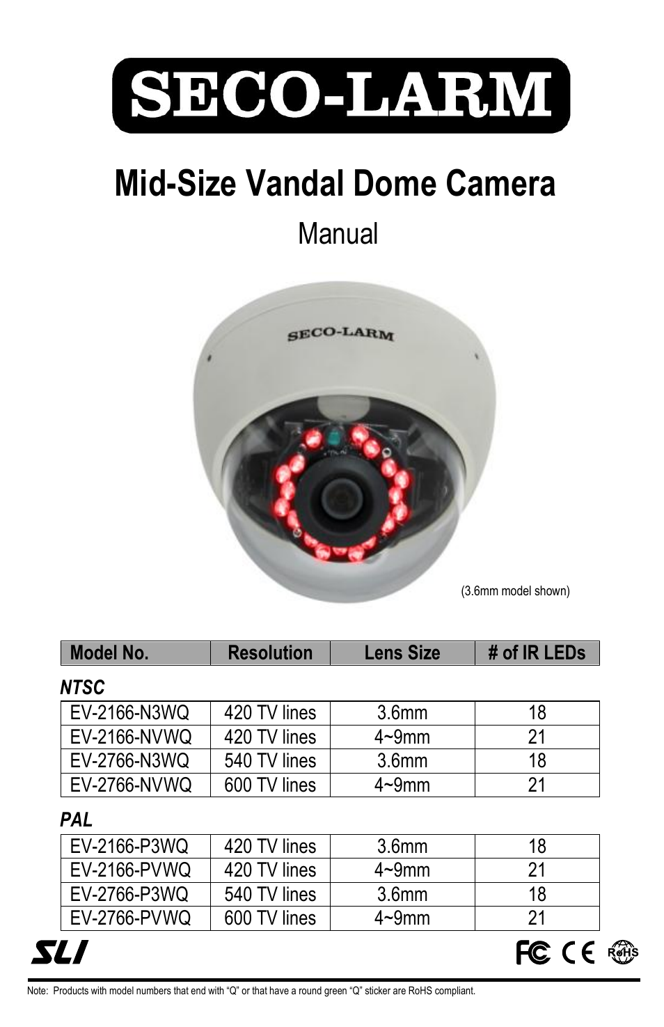 SECO-LARM USA Mid-Size Vandal Dome Camera EV-2166-N3WQ User Manual | 4 pages
