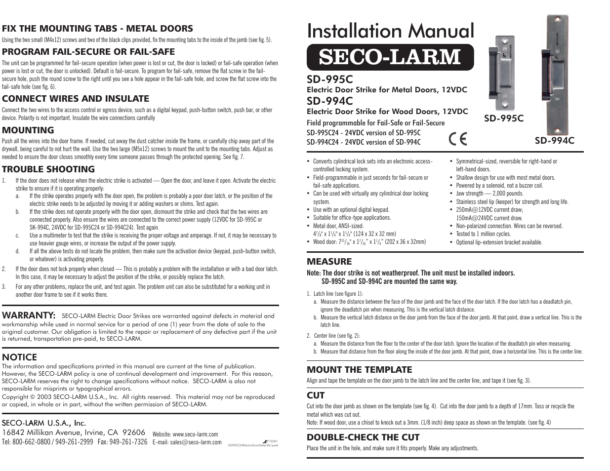 SECO-LARM USA ENFORCER SD-995C User Manual | 2 pages