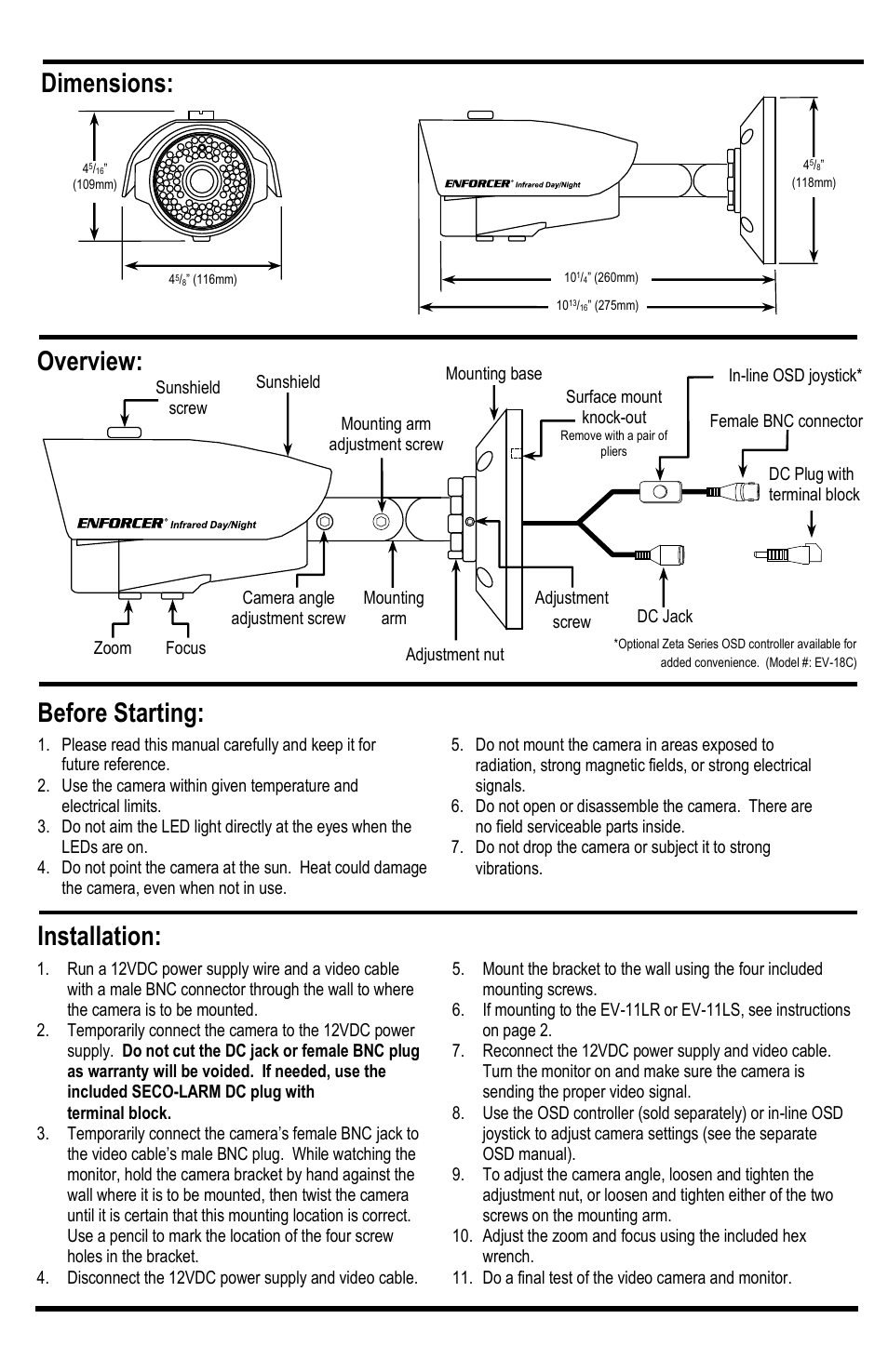 Installation, Before starting: overview, Dimensions | SECO-LARM USA 84-IR LED Bullet Cameras EV-1826-PKGQ User Manual | Page 3 / 4