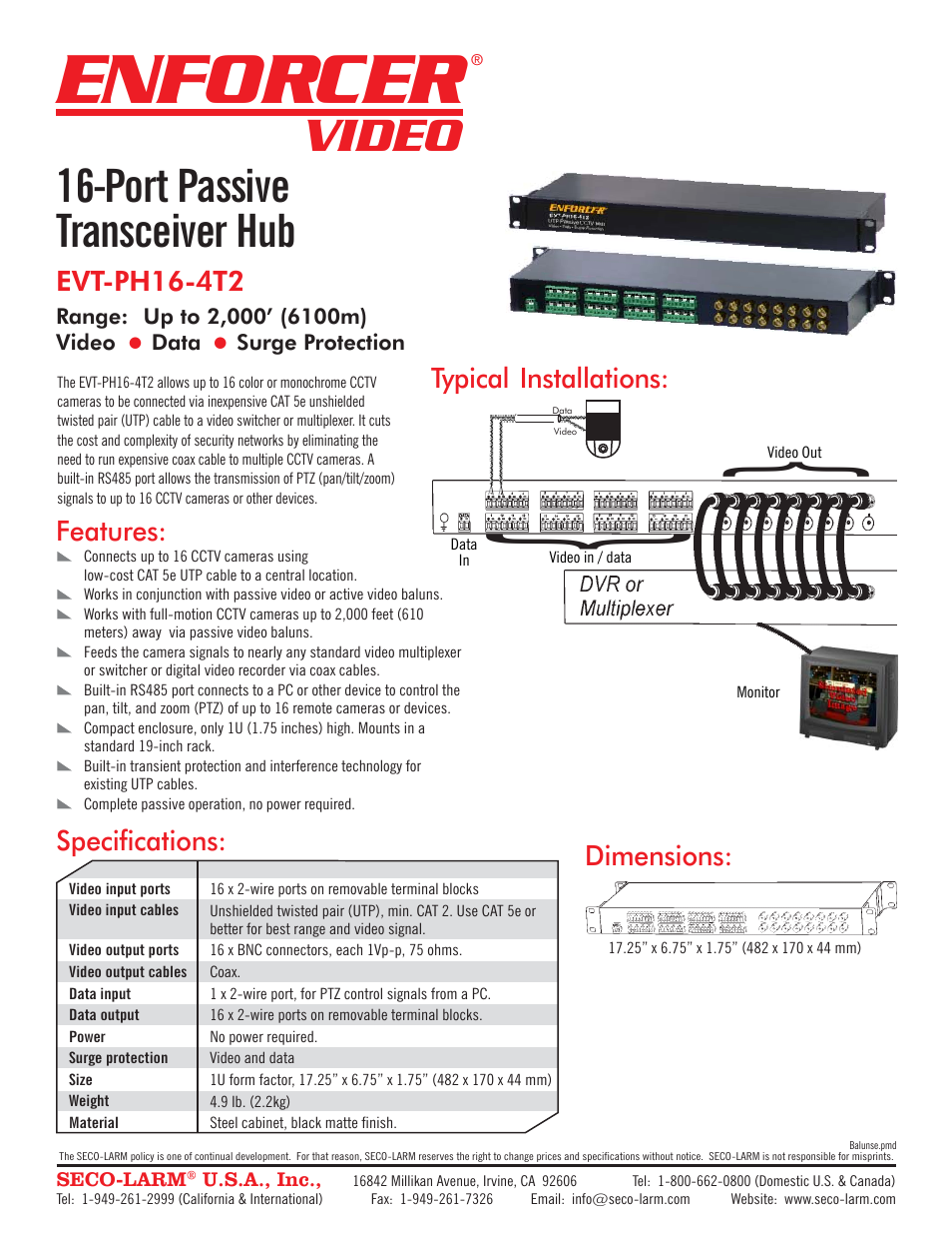 SECO-LARM USA 16-Port Passive Transceiver Hub EVT-PH16-4T2 User Manual | 1 page