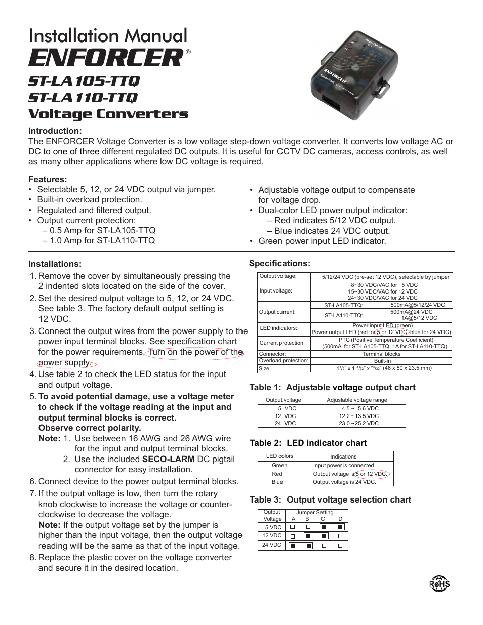 SECO-LARM USA ENFORCER Voltage Converter ST-LA105-TTQ User Manual | 2 pages