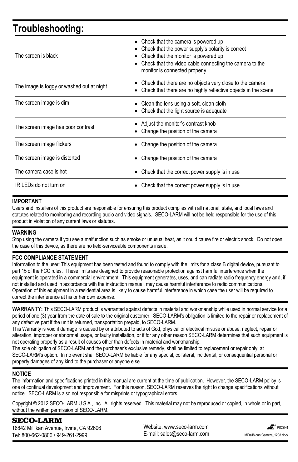 Troubleshooting | SECO-LARM USA Enforcer Vandal Rollerball Cameras EV-2726-N3GQ User Manual | Page 4 / 4