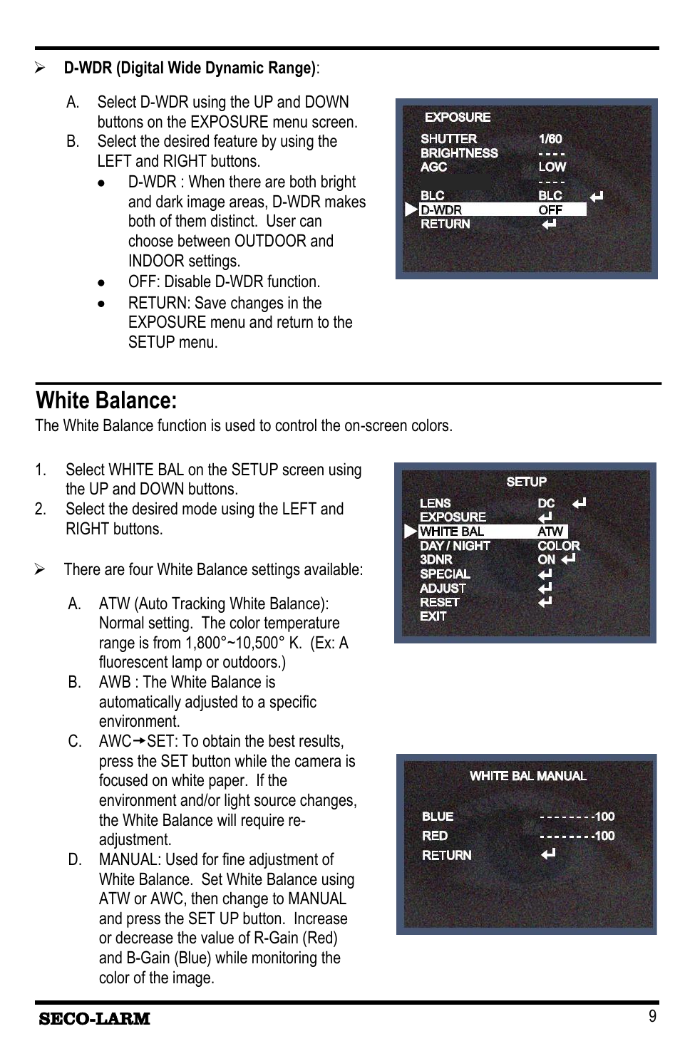 White balance | SECO-LARM USA NVD Bullet Cameras EV-1626-NKGQ 2.8~12mm User Manual | Page 9 / 16