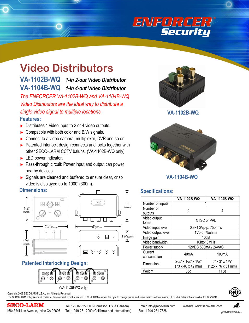 SECO-LARM USA Video Distributors VA-1102B-WQ User Manual | 1 page