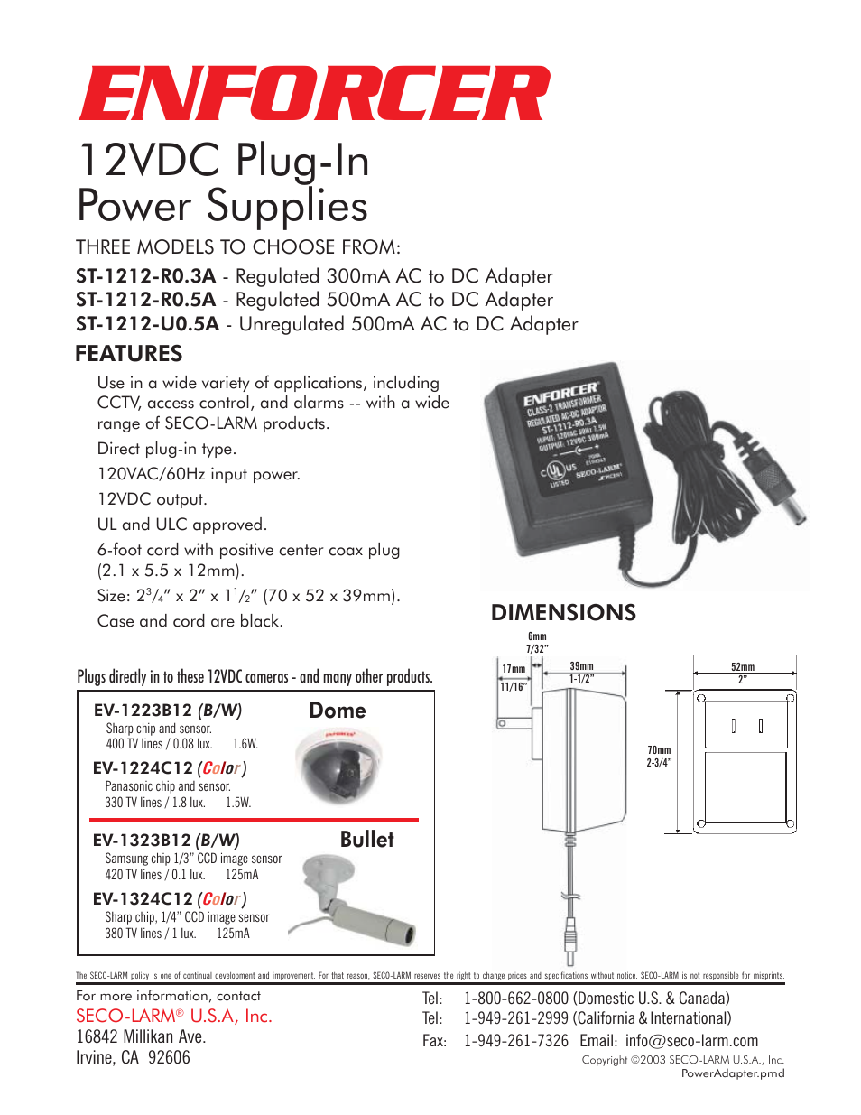 SECO-LARM USA Enforcer ST-1212-U0.5A User Manual | 1 page