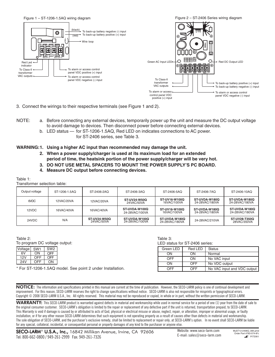 Seco-larm, U.s.a., inc, Warranty | Notice | SECO-LARM USA ENFORCER ST-1206-1.5AQ User Manual | Page 2 / 2