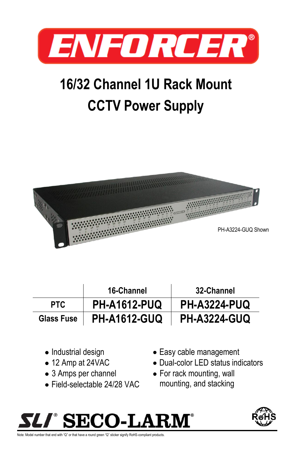 SECO-LARM USA Enforcer 16/32 Channel 1U Rack Mount CCTV Power Supply PH-A3224-PUQ User Manual | 8 pages