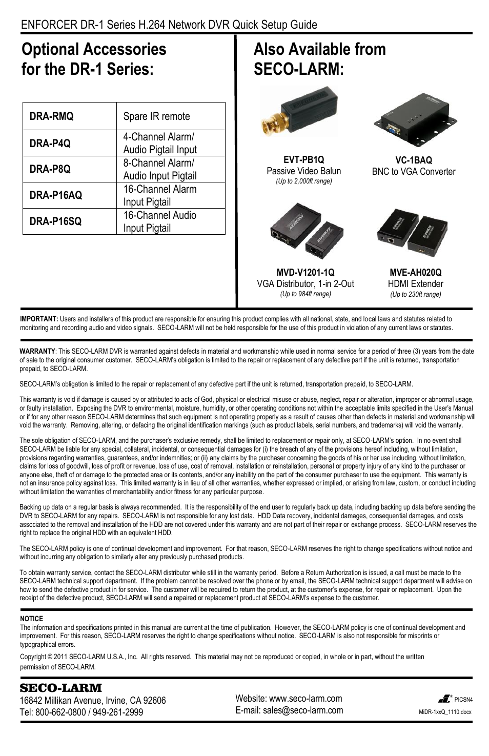 Optional accessories for the dr-1 series, Also available from seco-larm, Seco-larm | SECO-LARM USA H.264 Network DVR DR-116Q User Manual | Page 12 / 12