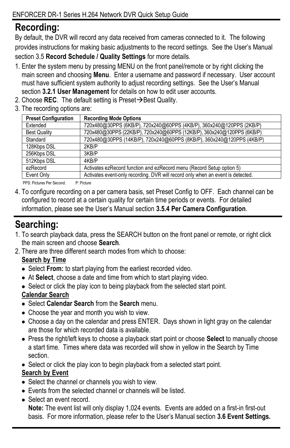 Recording, Searching | SECO-LARM USA H.264 Network DVR DR-116Q User Manual | Page 8 / 12