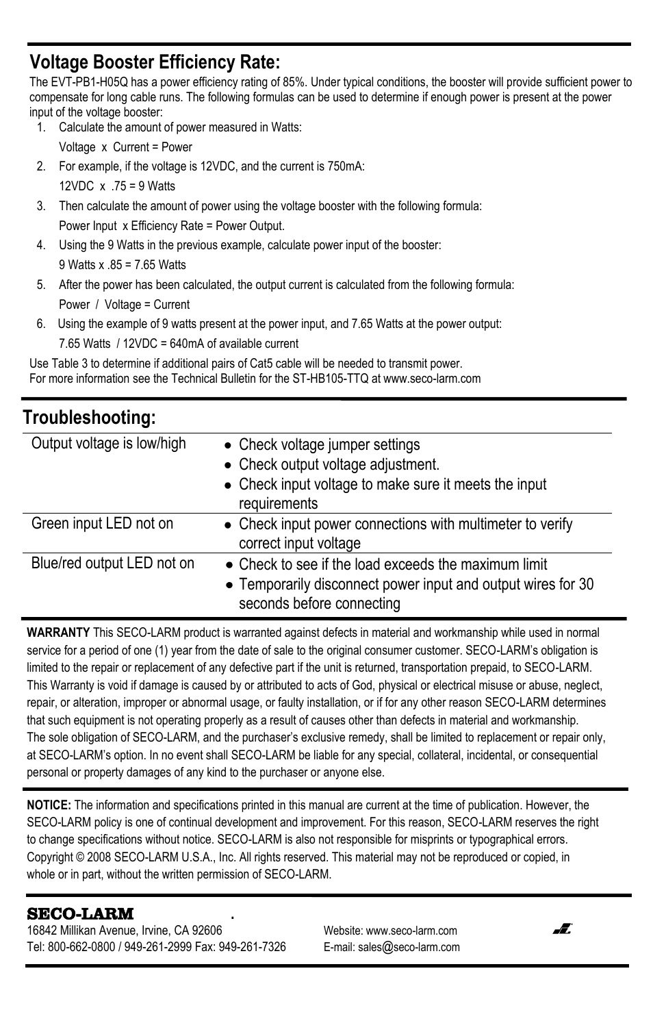Troubleshooting, Voltage booster efficiency rate | SECO-LARM USA Enforcer Video EVT-PB1-H05Q User Manual | Page 4 / 4