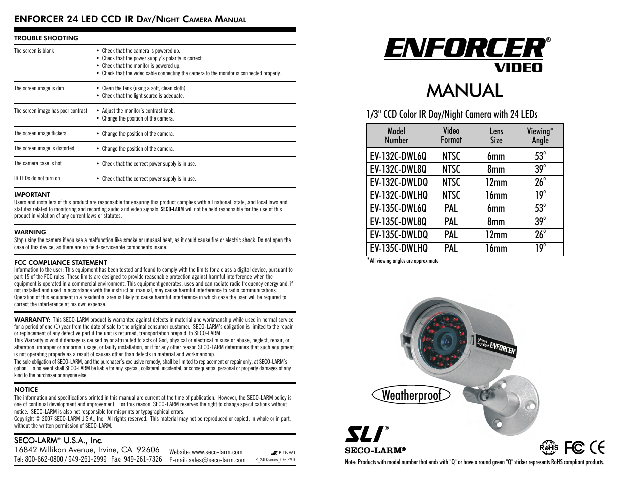 SECO-LARM USA Enforcer LED 24 CCD IR Day/Night Camera EV-132C-DWL6Q User Manual | 2 pages