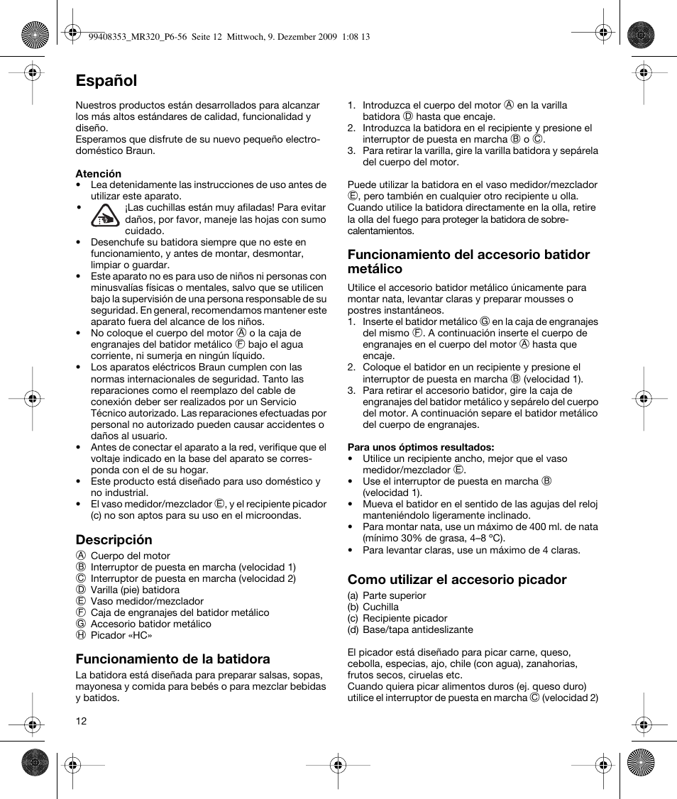 Español | Braun MR320 Baby User Manual | Page 11 / 54