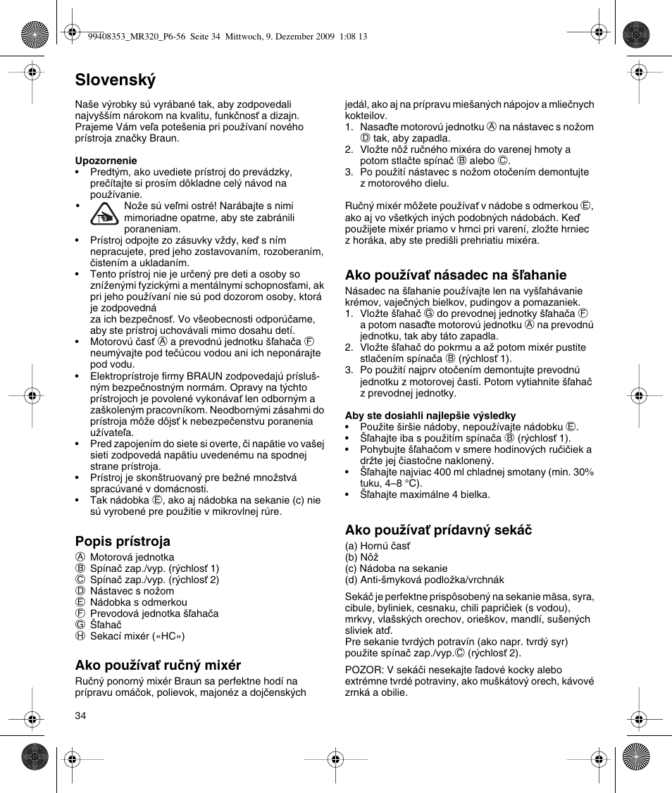 Slovensk | Braun MR320 Baby User Manual | Page 33 / 54
