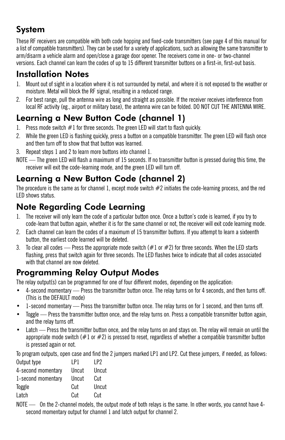 System, Learning a new button code (channel 1), Learning a new button code (channel 2) | Programming relay output modes | SECO-LARM USA Enforcer RF Receivers SK-910R-4 User Manual | Page 2 / 4