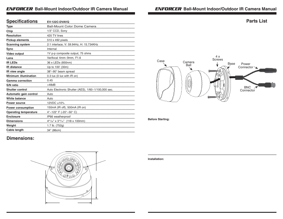 Enforcer, Dimensions, Specifications parts list | Ball-mount indoor/outdoor ir camera manual | SECO-LARM USA Enforcer EV-122C-DVAVQ User Manual | Page 2 / 2