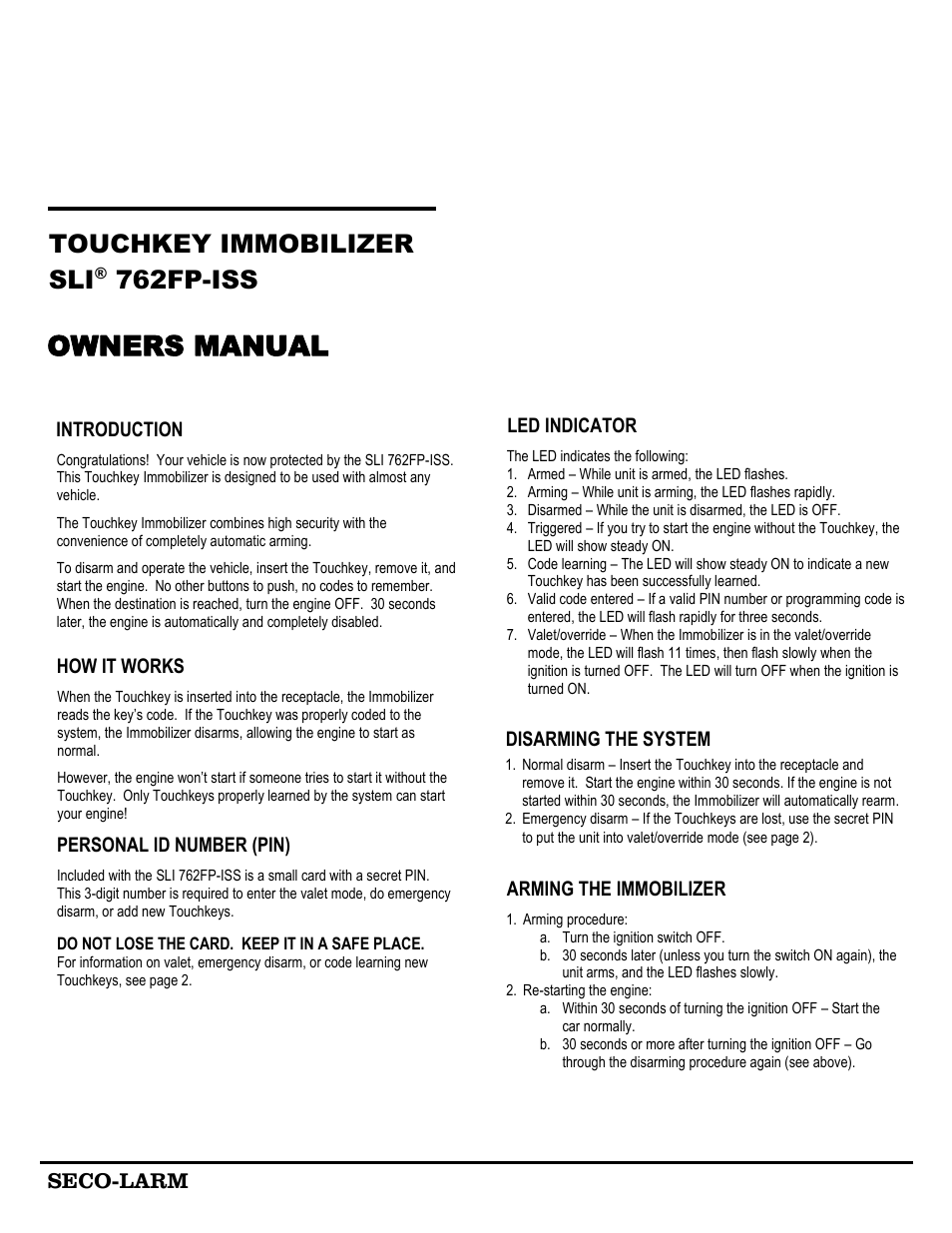 SECO-LARM USA Touchkey Immobilizer SLI 762FP-ISS User Manual | 2 pages
