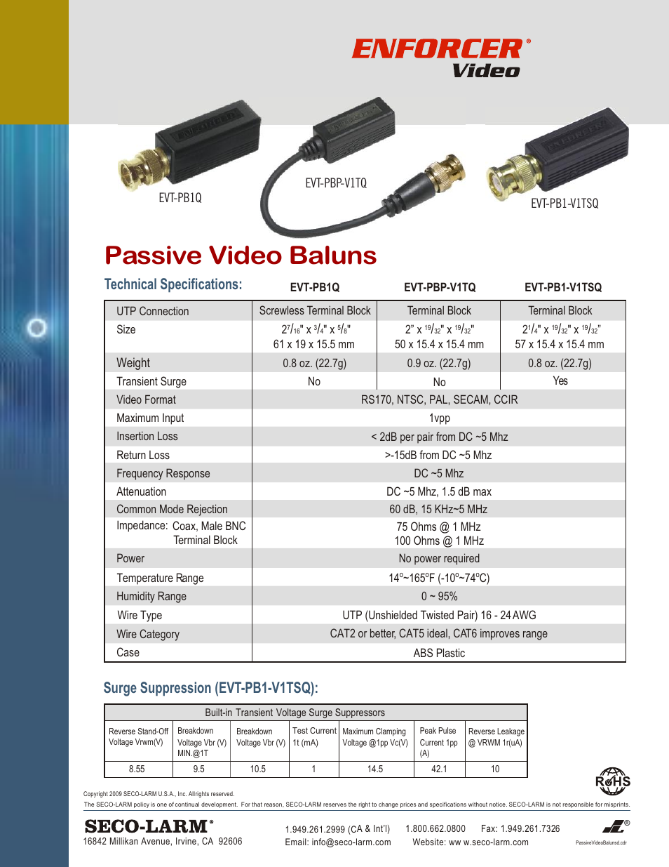 Passive video baluns, Technical specifications, Surge suppression (evt-pb1-v1tsq) | SECO-LARM USA EVT-PB1Q User Manual | Page 2 / 2