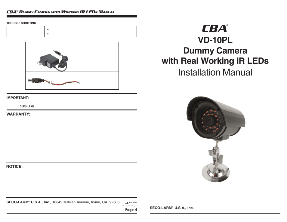 SECO-LARM USA Dummy Camera VD-10PL User Manual | 2 pages