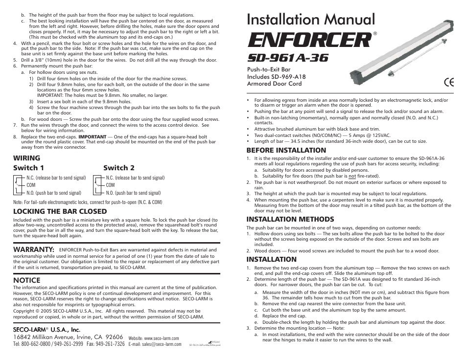 SECO-LARM USA ENFORCER Push-to-Exit Bars SD-961A-36 User Manual | 2 pages