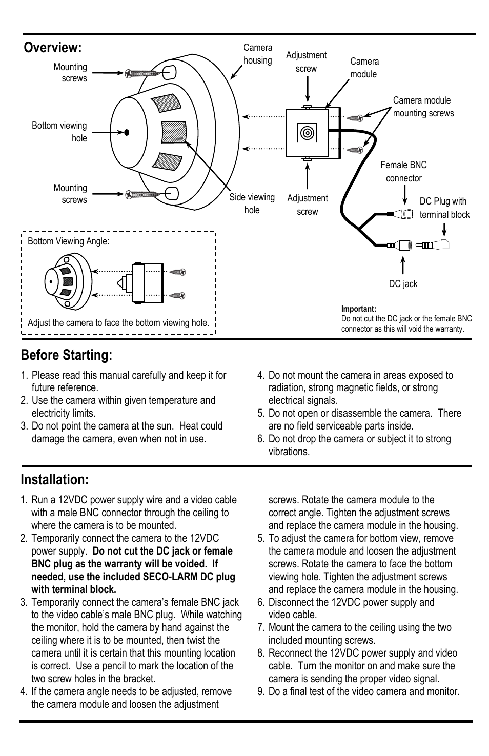 Installation, Before starting, Overview | SECO-LARM USA Covert Ceiling-Mount Camera EV-6120-N3WQ User Manual | Page 3 / 4