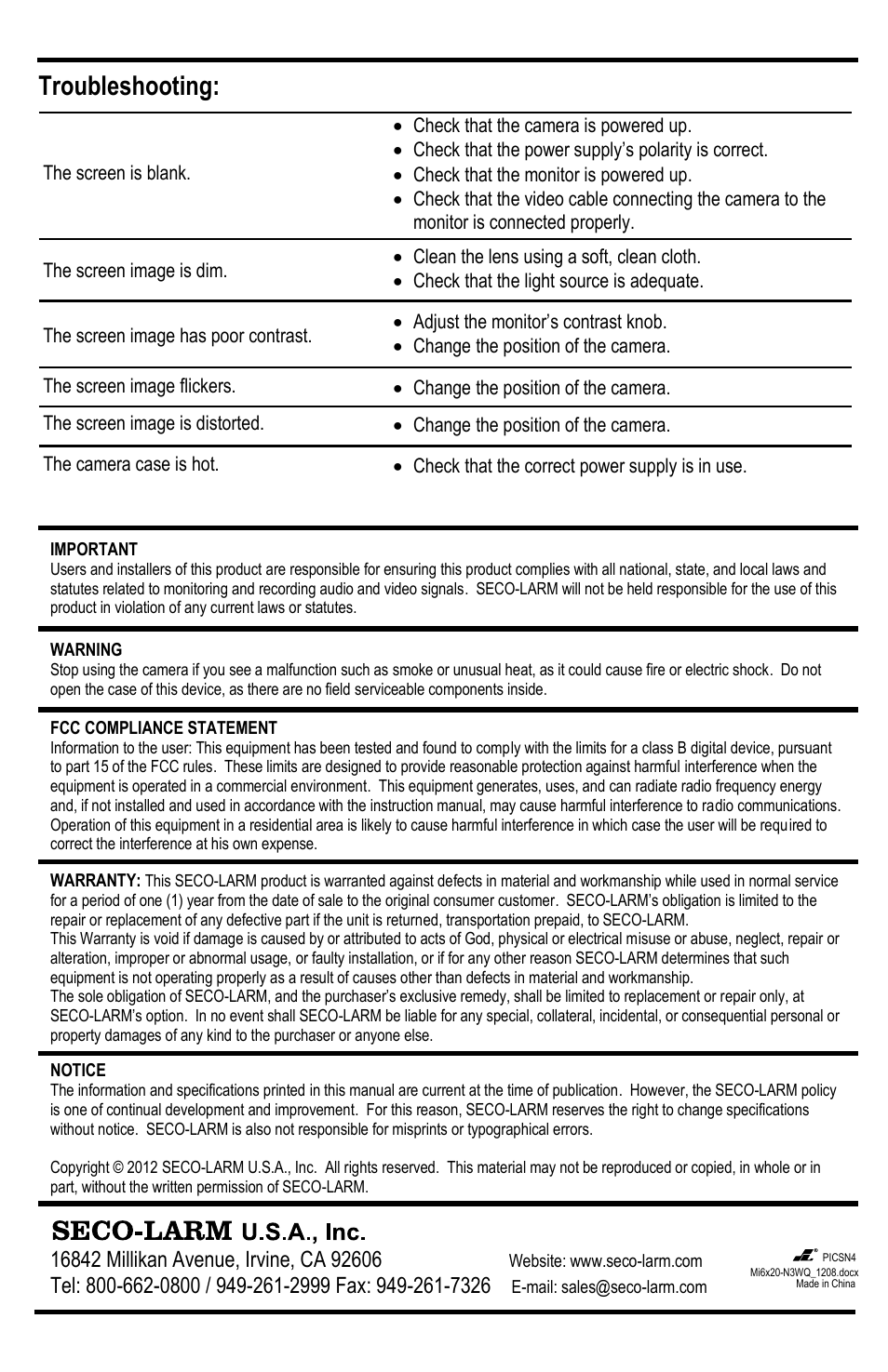 Troubleshooting | SECO-LARM USA Covert Ceiling-Mount Camera EV-6120-N3WQ User Manual | Page 4 / 4