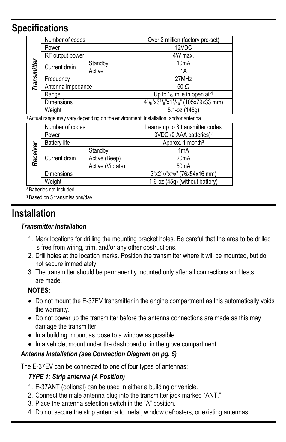 Installation, Specifications | SECO-LARM USA Enforcer E-37EV User Manual | Page 3 / 8