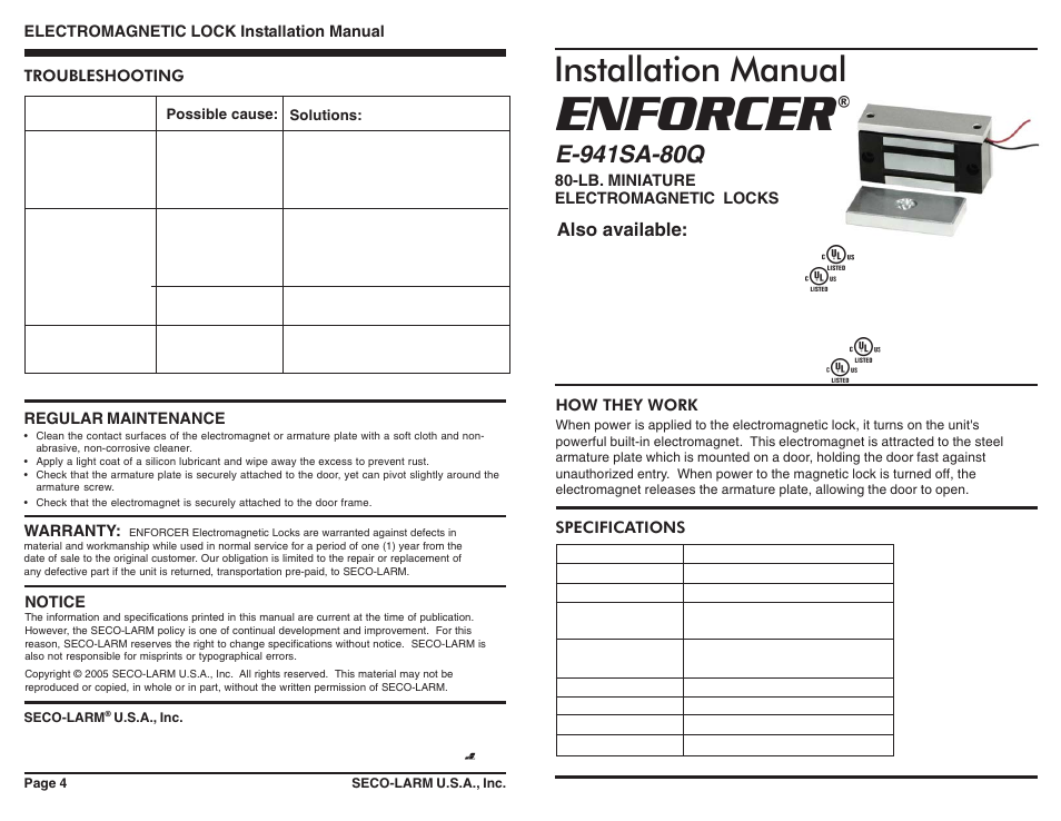 SECO-LARM USA E-942SA-600 User Manual | 2 pages