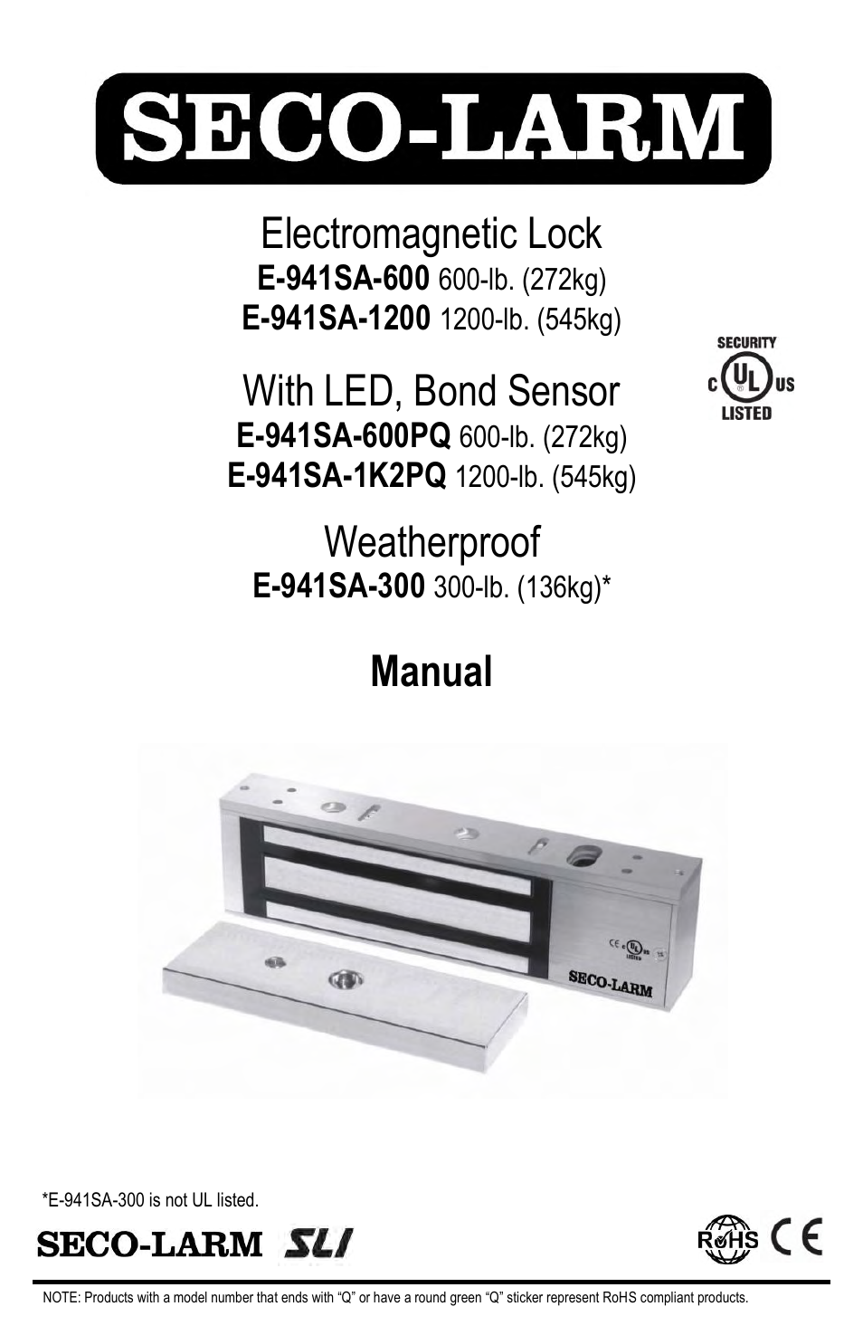 SECO-LARM USA Electromagnetic Lock E-941SA-1200 User Manual | 8 pages