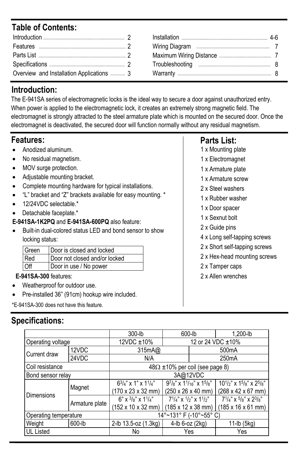 Table of contents: introduction: features, Parts list, Specifications | SECO-LARM USA Electromagnetic Lock E-941SA-1200 User Manual | Page 2 / 8
