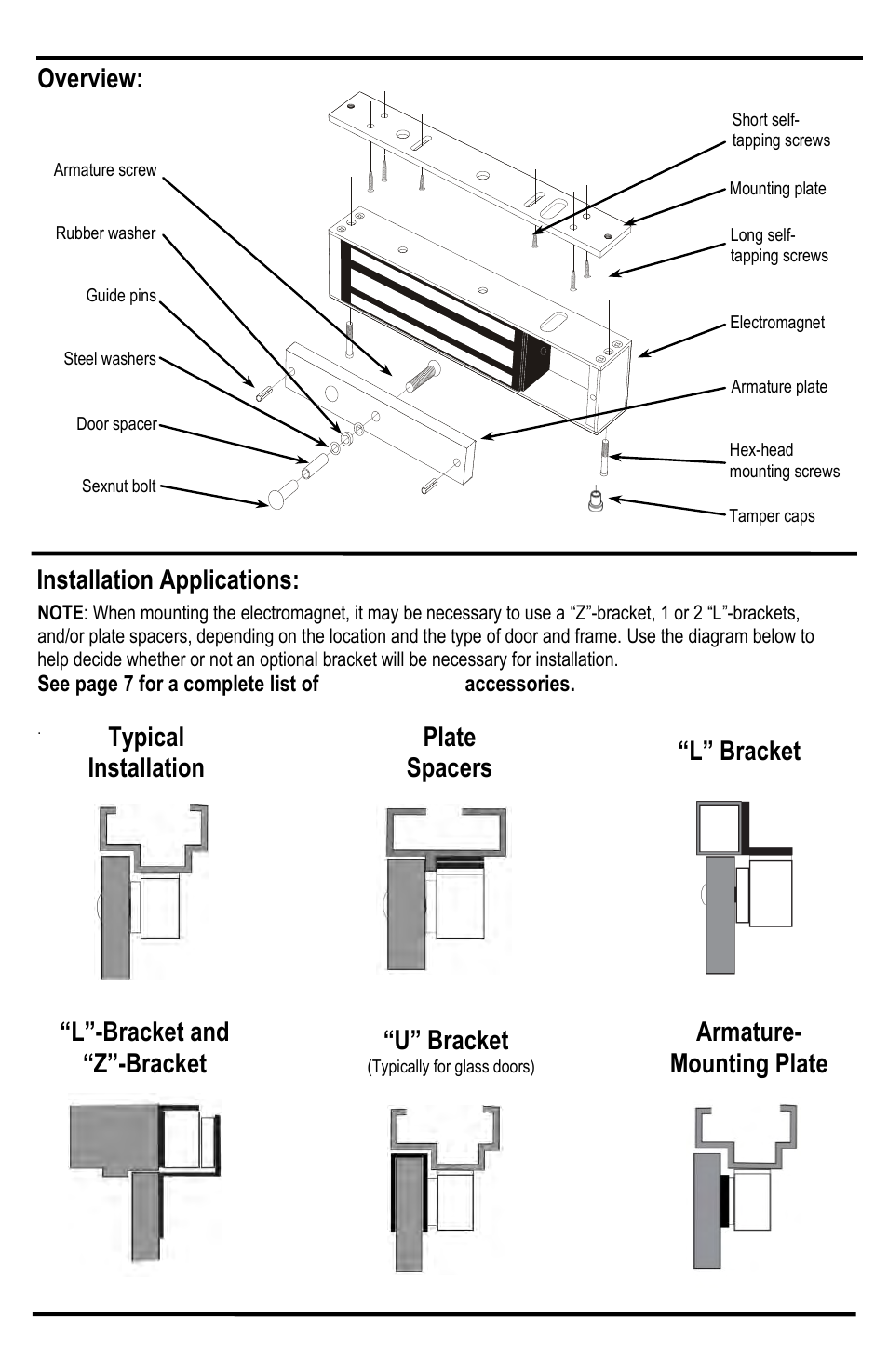 L”-bracket and “z”-bracket, Overview: installation applications, L” bracket typical installation “u” bracket | Plate spacers armature- mounting plate | SECO-LARM USA Electromagnetic Lock E-941SA-1200 User Manual | Page 3 / 8