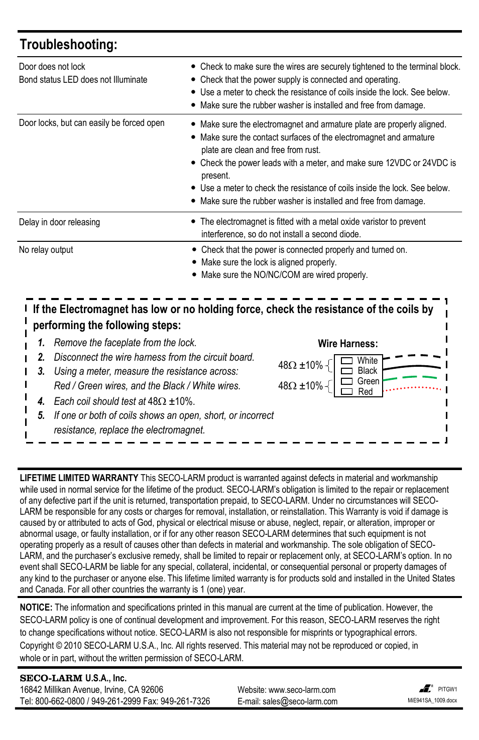 Troubleshooting, Seco-larm | SECO-LARM USA Electromagnetic Lock E-941SA-1200 User Manual | Page 8 / 8