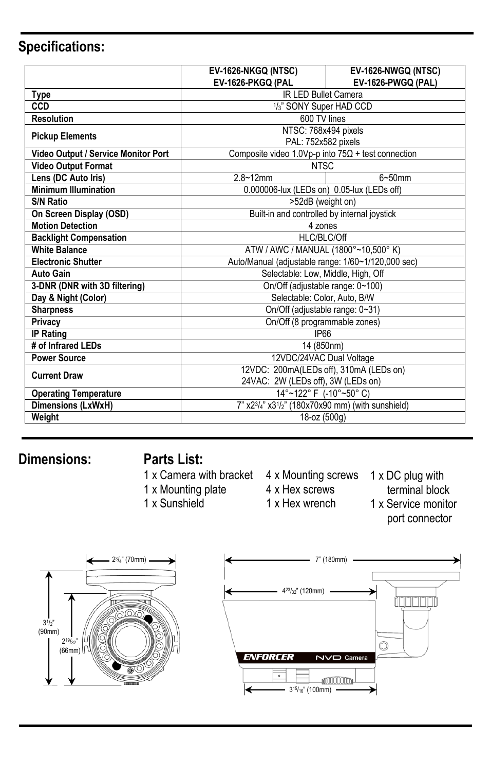 Specifications: dimensions, Parts list, Nvd bullet cameras 2 seco-larm u.s.a., inc | SECO-LARM USA NVD Bullet Cameras EV-1626-PWGQ User Manual | Page 2 / 4
