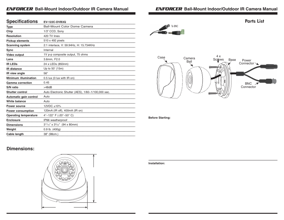 Enforcer, Dimensions, Parts list | Specifications, Ball-mount indoor/outdoor ir camera manual | SECO-LARM USA Enforcer EV-122C-DVB3Q User Manual | Page 2 / 2