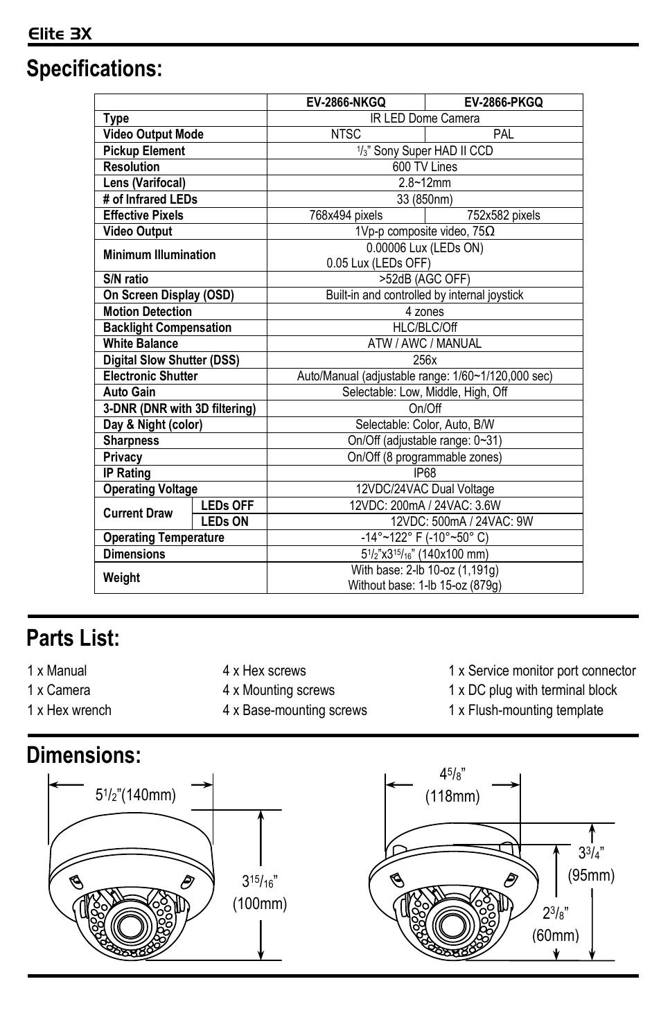 Dimensions: parts list: specifications | SECO-LARM USA Elite 3X Vandal Dome Cameras EV-2866-NKGQ User Manual | Page 2 / 4