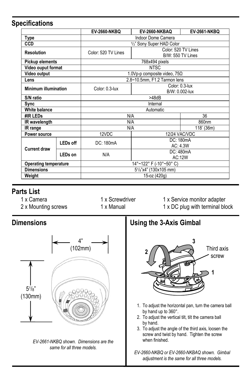 Specifications, Dimensions, Using the 3-axis gimbal | Parts list | SECO-LARM USA High Resolution Indoor Dome Cameras EV-2661-NKBQ 550 User Manual | Page 2 / 4