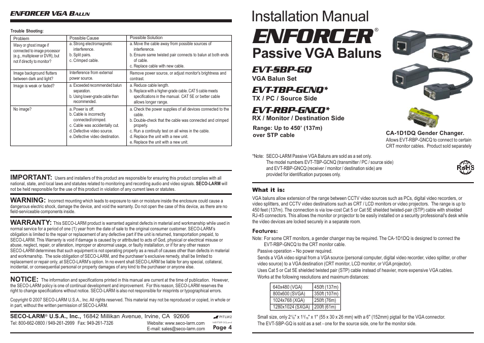 SECO-LARM USA ENFORCER EVT-SBP-GQ User Manual | 2 pages