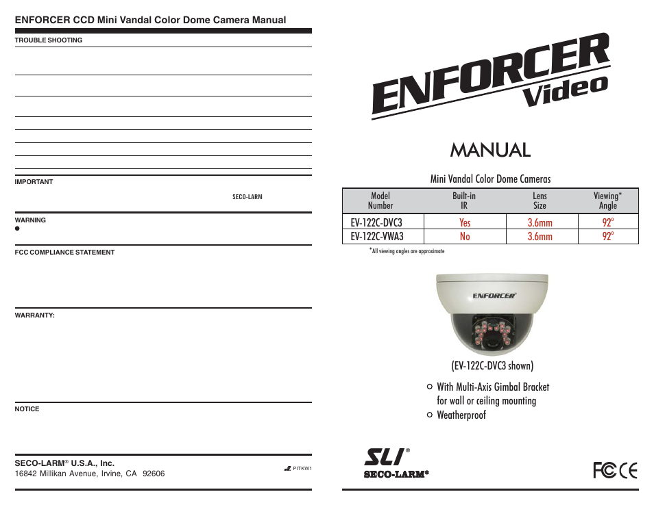 SECO-LARM USA ENFORCER CCD Mini Vandal Color Dome Camera EV-122C-DVC3 User Manual | 2 pages