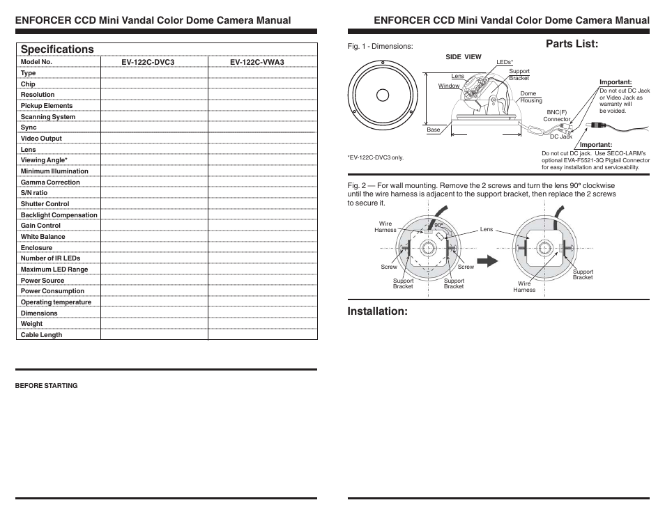 Parts list, Installation, Specifications | Enforcer ccd mini vandal color dome camera manual | SECO-LARM USA ENFORCER CCD Mini Vandal Color Dome Camera EV-122C-DVC3 User Manual | Page 2 / 2