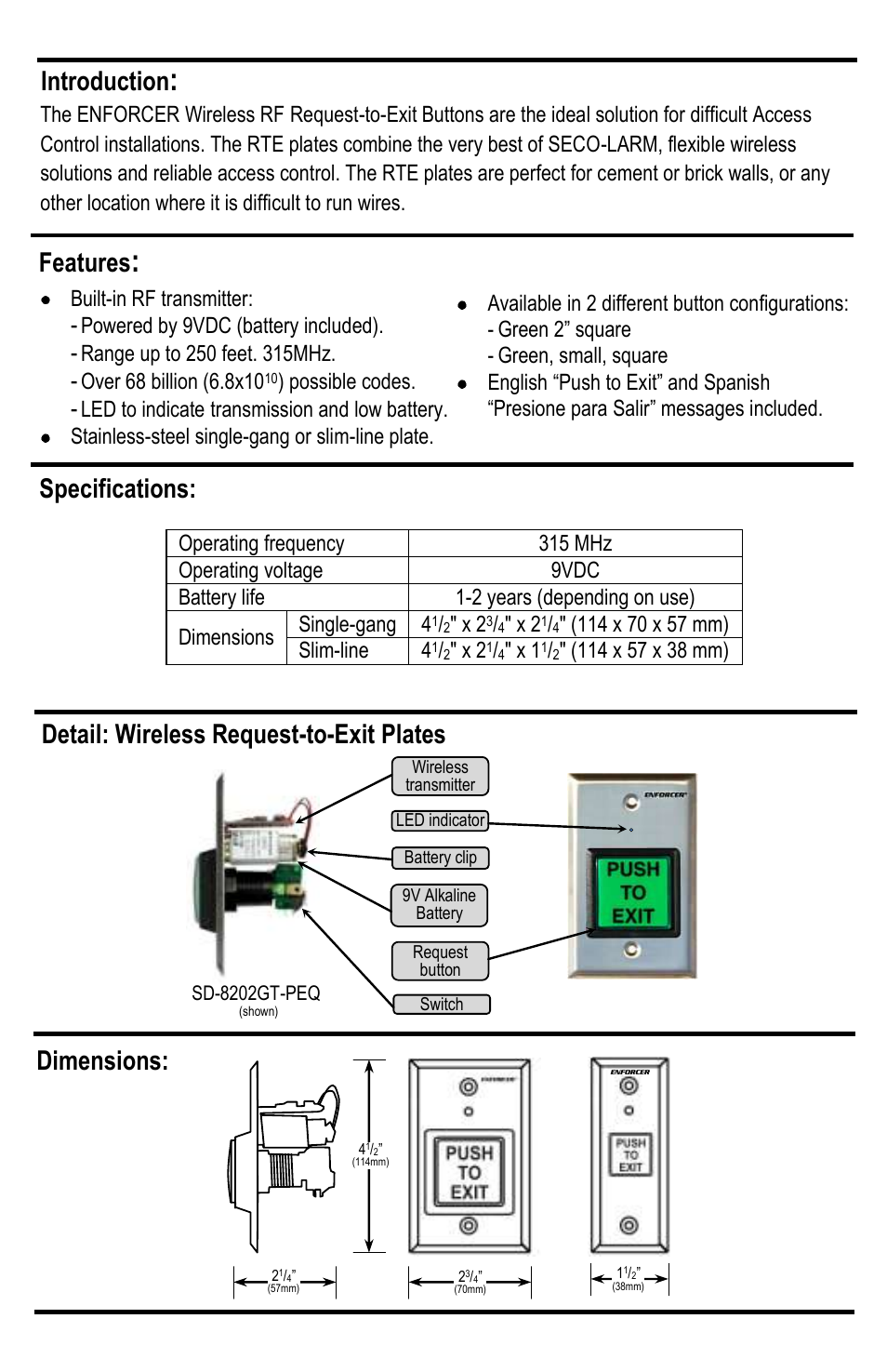 Specifications, Introduction, Features | Dimensions, Detail: wireless request-to-exit plates | SECO-LARM USA ENFORCER Wireless RF Request-to-Exit Buttons SD-8103GT-PEQ User Manual | Page 2 / 4