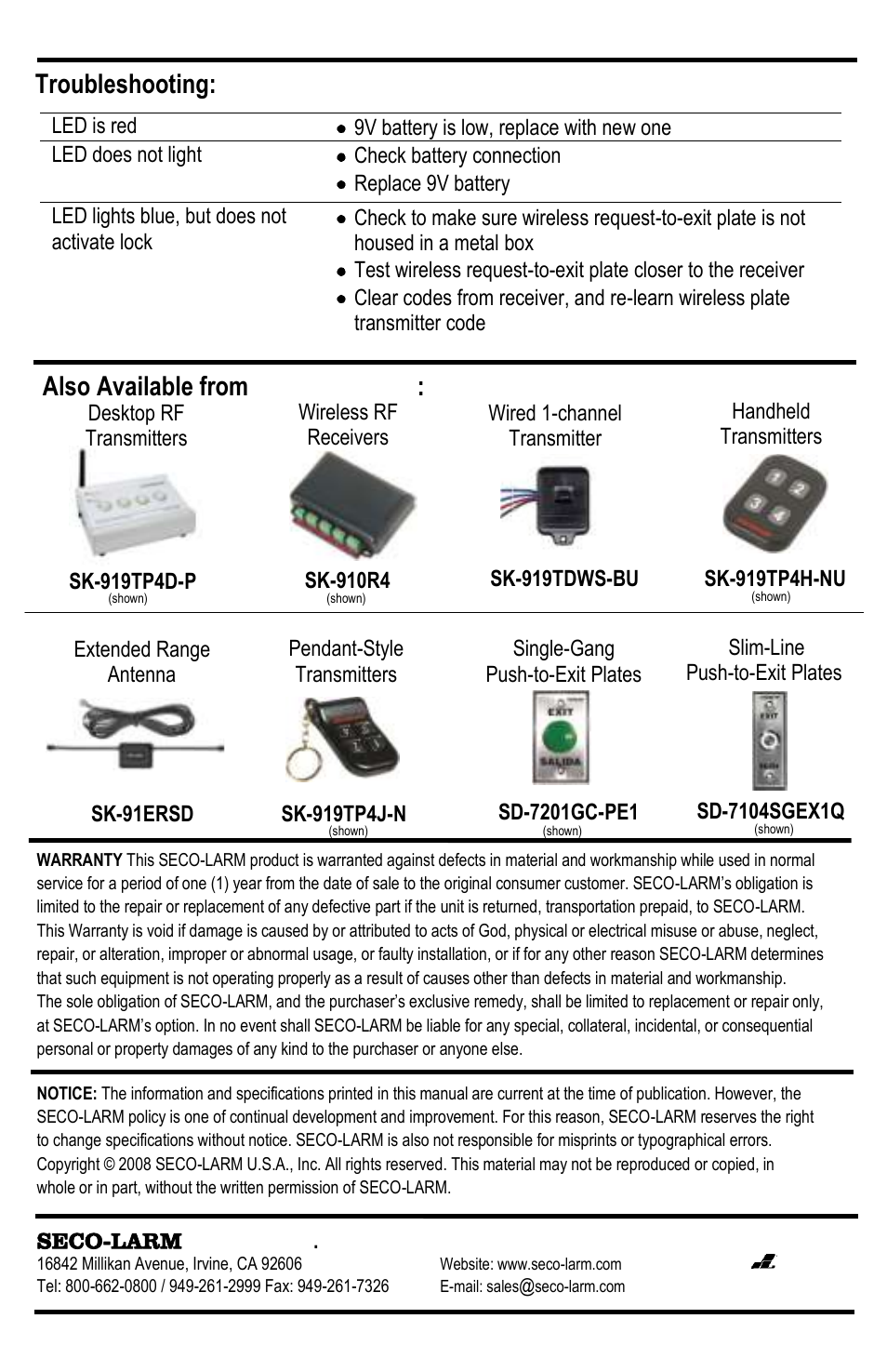 Troubleshooting, Also available from seco-larm | SECO-LARM USA ENFORCER Wireless RF Request-to-Exit Buttons SD-8103GT-PEQ User Manual | Page 4 / 4
