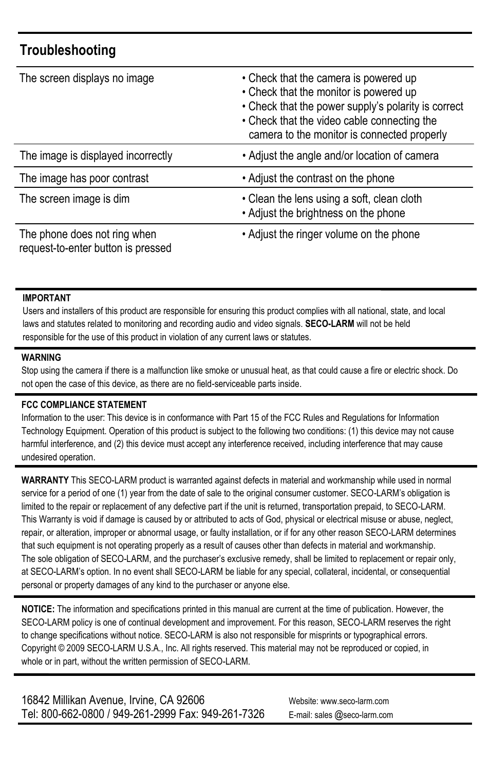 Troubleshooting | SECO-LARM USA Enforcer DP-121Q User Manual | Page 12 / 12