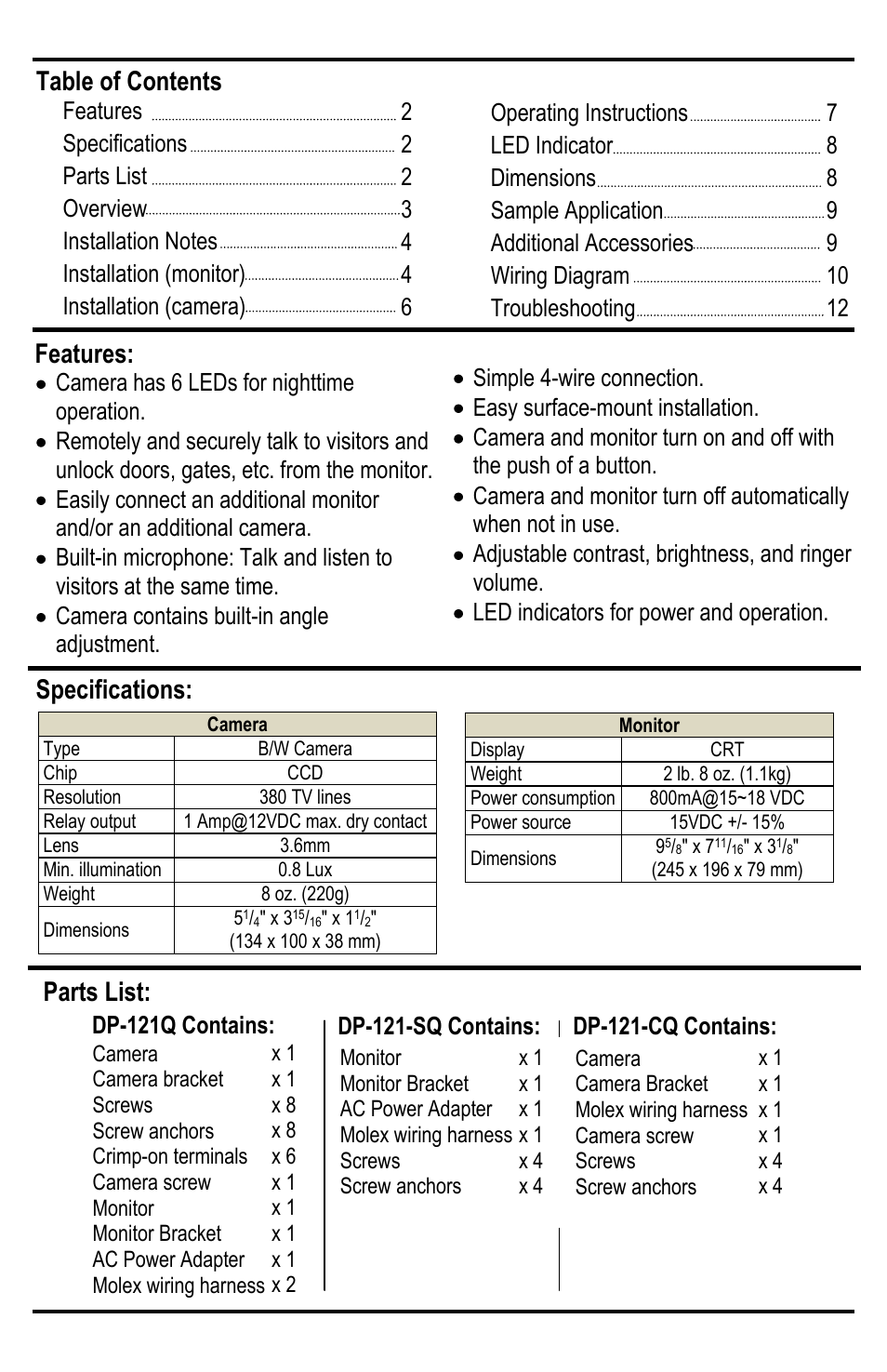 Specifications: table of contents, Features: parts list | SECO-LARM USA Enforcer DP-121Q User Manual | Page 2 / 12